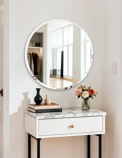Frameless Round Wall Mirror: Decorative Mirrored Glass Vanity with Beveled Silver Edge for Bathroom Bedroom Livingroom Dining Room Entryway Hallway, 20 x 20 inch