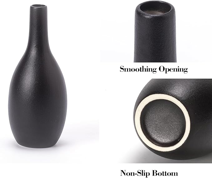 Black Ceramic Flower Vase Set of 4, Modern Farmhouse Decorative Vases for Bookshelf, Dining Room Coffee Console Table Centerpieces