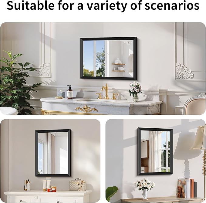 Black Bathroom Mirror 18 x 24 Inch Rectangle Wave Beveled Frame for Wall Bathroom Vanity Mirror for Over Sink, Tempered Glass,for Entryway Hangs, Bathroom Living Room Horizontal or Vertical