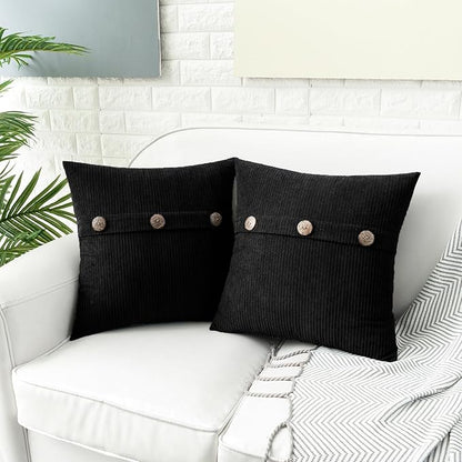 HWY 50 Black Chenille Throw Pillow Covers 16x16 Inch with Triple Buttons, Soft Farmhouse Accent Decorative Cushion Cases for Couch Sofa Bed Bedroom Pack of 2