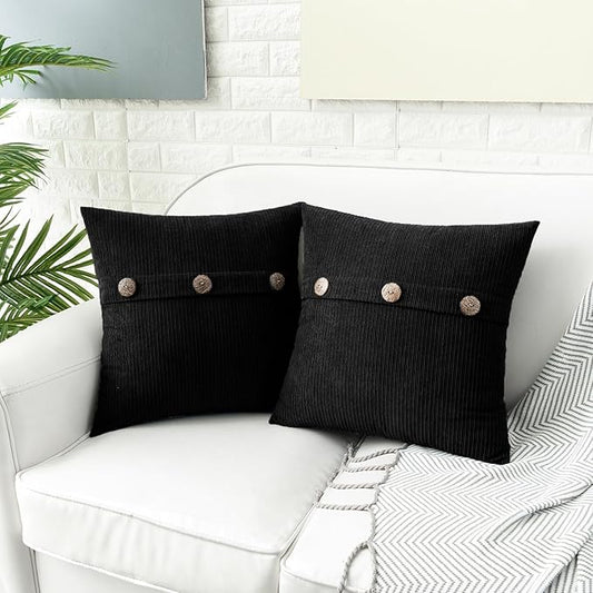 HWY 50 Black Chenille Throw Pillow Covers 16x16 Inch with Triple Buttons, Soft Farmhouse Accent Decorative Cushion Cases for Couch Sofa Bed Bedroom Pack of 2