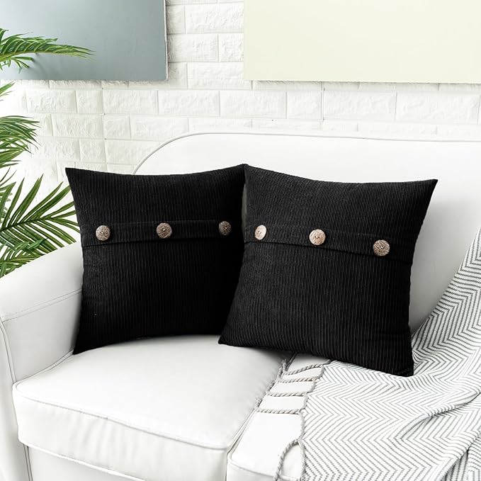 HWY 50 Black Chenille Throw Pillow Covers 18x18 Inch with Triple Buttons, Soft Farmhouse Accent Decorative Cushion Cases for Couch Sofa Bed Living Room Bedroom Pack of 2