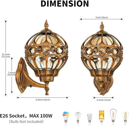 Dusk to Dawn Outdoor Wall Light Fixtures, Gold Exterior Aluminum Waterproof Porch Lights, Globe Anti-Rust Outside Sconce Lantern Wall Mount with Amber Glass for Patio Backyard Garage Doorway, 2 Pack