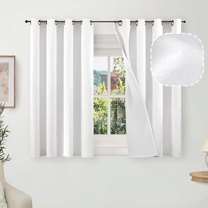 Short Blackout Curtains 54 Inch Length 2 Panels, Thermal Insulated Total Light Blocking Linen Window Curtains for Bedroom Basement Farmhouse Privacy Noise Reducing, Grommet, White, Each 52" Wide