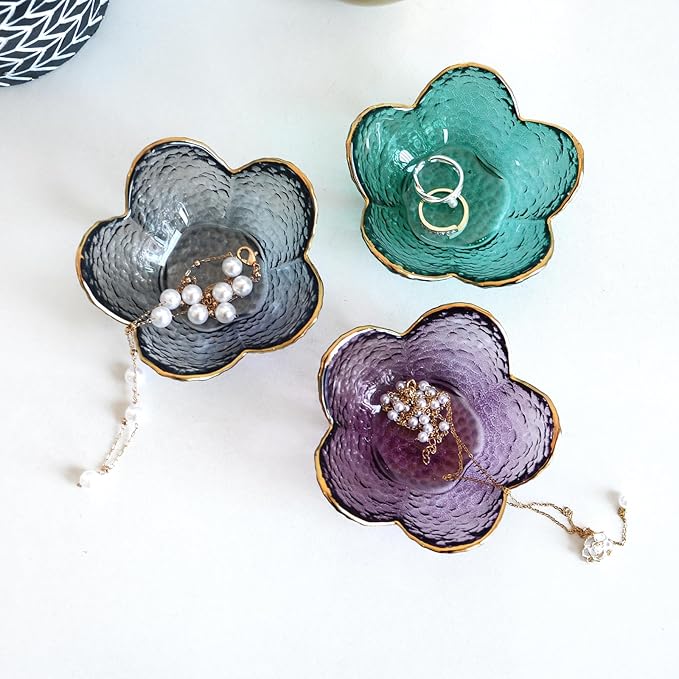 Purple Flower Ring Dish Jewelry Tray, Small Glass Trinket Tray for Rings Earrings, Present for Wife Mom Daughter Women