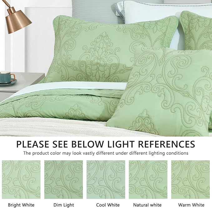 CHIXIN Bedspread Coverlet Quilt Set Full Size - Lightweight Bedding Cover - Beautiful Stitching - 5 Piece Reversible Bedspread - Luxury Damask Paisley Pattern (Full, Peak Green)