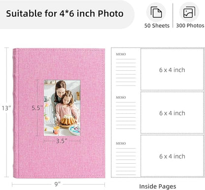 Vienrose Photo Album 4x6 300 Photos Linen Frame Cover with Memo Areas Photobook Large Capacity Slip-in Pictures Book for Wedding Baby Vacation, Pink
