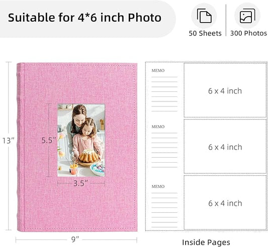 Vienrose Photo Album 4x6 300 Photos Linen Frame Cover with Memo Areas Photobook Large Capacity Slip-in Pictures Book for Wedding Baby Vacation, Pink