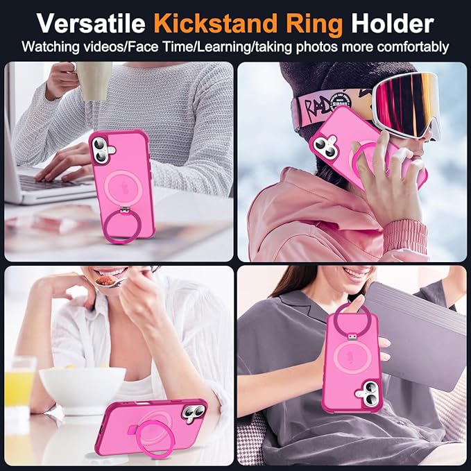 Compatible with iPhone 17 Case with Invisible Magnetic O-Ring Stand Military-Grade Translucent Phone Case for iPhone 17 6.3" [Compatible with Mag-Safe][Great Grip Feeling], Rose