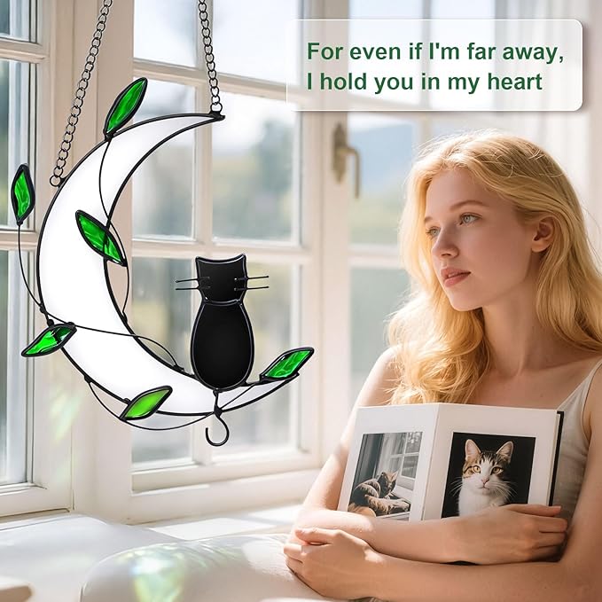 Stained Glass Window Hanging Suncatcher, IDEA SHOW Cat Loss Sympathy Gift, Real Glass Window Hanging Ornament, Handcrafted Home Decor Memorial Gift for Lover Cat Loss