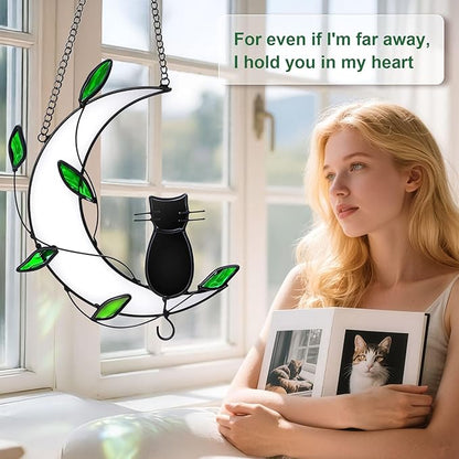 Stained Glass Window Hanging Suncatcher, IDEA SHOW Cat Loss Sympathy Gift, Real Glass Window Hanging Ornament, Handcrafted Home Decor Memorial Gift for Lover Cat Loss