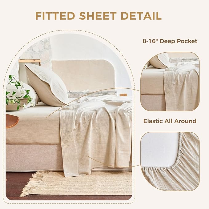King Sheet Set Cotton Bed Sheets Gauze 4 Pcs Linen King Sheets Set 16" Deep Pocket Sheet & Pillowcase Sets Boho Muslin King Sheets Soft King Bedding Sets for All Season
