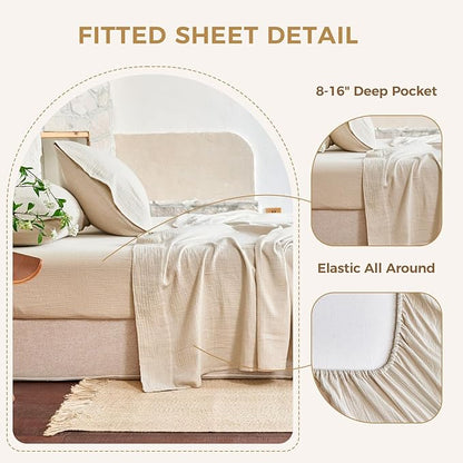 King Sheet Set Cotton Bed Sheets Gauze 4 Pcs Linen King Sheets Set 16" Deep Pocket Sheet & Pillowcase Sets Boho Muslin King Sheets Soft King Bedding Sets for All Season