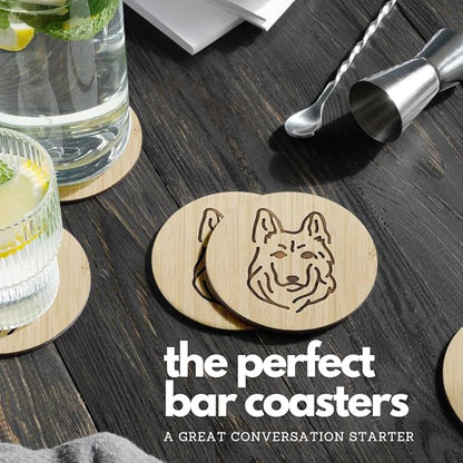 Set of 6 Bamboo Laser-Engraved Fun Dog Coasters with Iron Holder - Gift Packaging 3.9 Inch Non-Stick Absorbent Durable and Unbreakable Wooden Cup Coasters for Dog Lovers (German Shepherd)