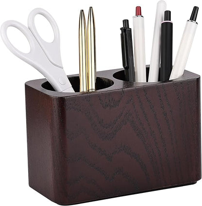 Oak Solid Wood Pen &Pencil Holder for Desk, Office Stationery Organizer, Table Pencil Cup Stand,Desk Accessories Holder, Two Cups Practical Design. (Espresso)
