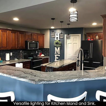 Modern Mini Pendant Light Fixture Kitchen Island Pendant Lighting 6.30''Matte Black Spiral Cage and Handblown Frosted Haze Glass Shade Hanging Lamp Adjustable Cord for Dining Room 1 Pack