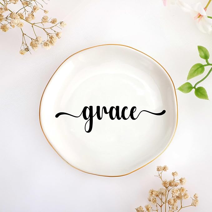 JoycuFF Grace Personalized Name Ceramic Jewelry Tray, Mothers Day Christmas Anniversary Engagement Birthday Gifts for Women Couples, Trinket Dish for Rings Earrings Necklaces Bracelets Keys
