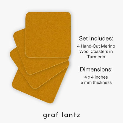 Graf Lantz - Bierfilzl Merino Wool Square Coasters Set of 4 - Turmeric (4"x4"x5mm) - Absorbs 30% of Weight, Natural German Wool - Heat Resistant, Sustainable, Reusable - Home Decor, Coffee Table Decor