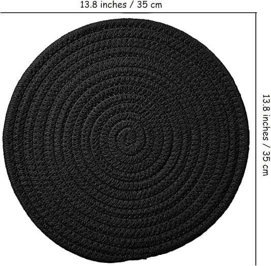 4 Pack Round Woven Placemats,13.8 inch Plate Chargers Black Thick Place Mats Cotton Rope Braided Tablemats Rattan Tablemats Black Weave Placemats for Dining Table