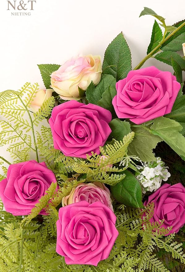 N&T NIETING Artificial Flowers, Foam Roses Perfect for Valentine's Day DIY Wedding Bridal Bouquets Centerpieces Bridal Shower Party Home Flower Arrangement Decor 25Pcs, Hot Pink