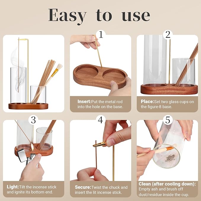 Norvy 2 in 1 Incense Holder for Sticks,Burner Holder with Storage Upside Down,Wooden Incense Burner with Glass Ash Catcher for Meditation Yoga Spa, Includes Ash Brush and 2 Storage Tubes