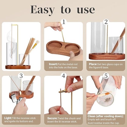 Norvy 2 in 1 Incense Holder for Sticks,Burner Holder with Storage Upside Down,Wooden Incense Burner with Glass Ash Catcher for Meditation Yoga Spa, Includes Ash Brush and 2 Storage Tubes