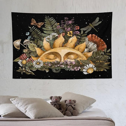 Vintage Sun Tapestry,Boho Hippie Mushroom Starry Floral Forest Plant Tapestries Wall Hanging for Dorm Living Room Bedroom Home Decor(40"x60")