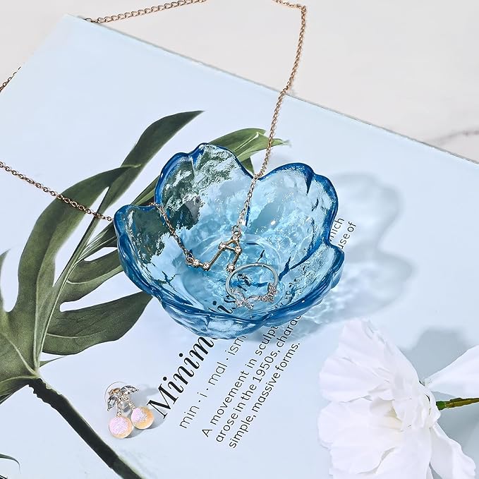 Koythin 2-Piece Glass Jewelry Tray, Mini Ring Dish for Necklace Earring Bracelet, Cute Trinket Tray for Engagement Vanity Bathroom, Crystal Floral Aesthetic Room Decor for Women Girl Mom (Blue)