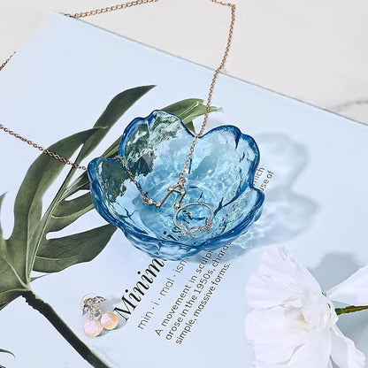 Koythin 2-Piece Glass Jewelry Tray, Mini Ring Dish for Necklace Earring Bracelet, Cute Trinket Tray for Engagement Vanity Bathroom, Crystal Floral Aesthetic Room Decor for Women Girl Mom (Blue)