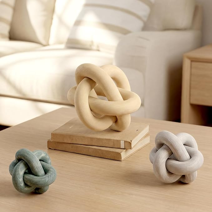 3 Pack Wooden Knot Decorations 3 Color Set Coordinated Boho Nautical Home Decor for Shelf, Wall, Tabletop, Sizes 3.94", 4.72", 5.91"(Multi Light Color)