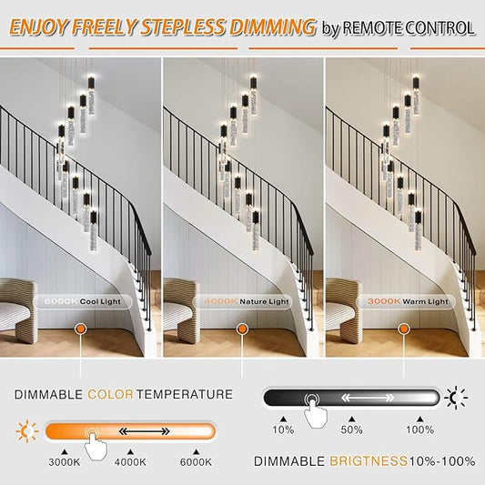 9-Lights Led Chandelier, Black and Gold Crystal Modern Led Chandelier for Dining Room, Luxury Dimmable Enterway Led Pendant Lights Fixture with Remote Control Flush Mount