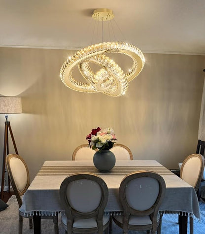 3 Rings LED Chandelier Modern Dimmable Dining Room Chanderliers Entryway Crystal Pendant Lights for Kitchen Bedroom Living Room Gold Light