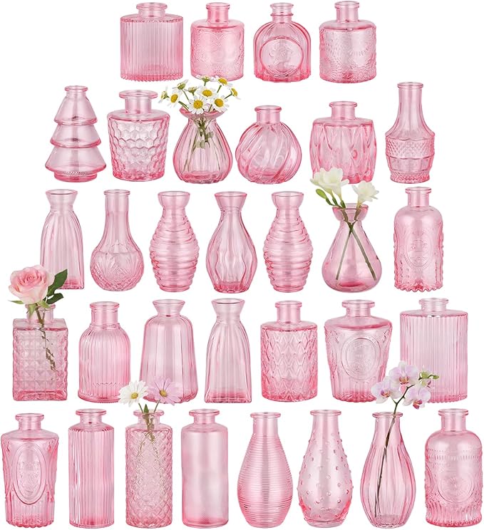BEAHOT 32 Pack Pink Bud Flower Vase in Bulk,Mini Vintage Glass Bud Vases for Centerpieces,Wedding Decor,Party & Home Decaration,Mother's Day (Pink)