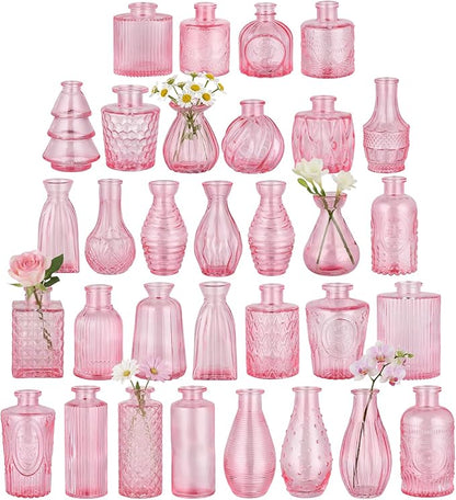 BEAHOT 32 Pack Pink Bud Flower Vase in Bulk,Mini Vintage Glass Bud Vases for Centerpieces,Wedding Decor,Party & Home Decaration,Mother's Day (Pink)