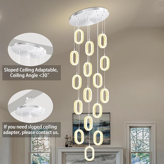 Large Ring Drop Chandelier for Stair Long Spiral Crystal Chandeliers for High Ceiling LED Crystal Ring Chandelier Dimmable 2700K-6000K 16-Light Silver