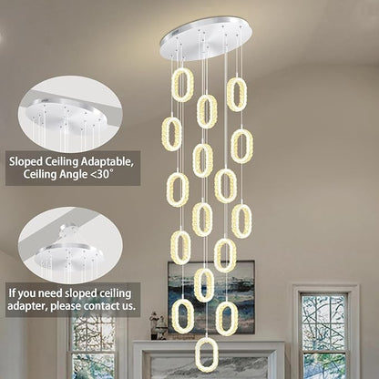 Large Ring Drop Chandelier for Stair Long Spiral Crystal Chandeliers for High Ceiling LED Crystal Ring Chandelier Dimmable 2700K-6000K 16-Light Silver