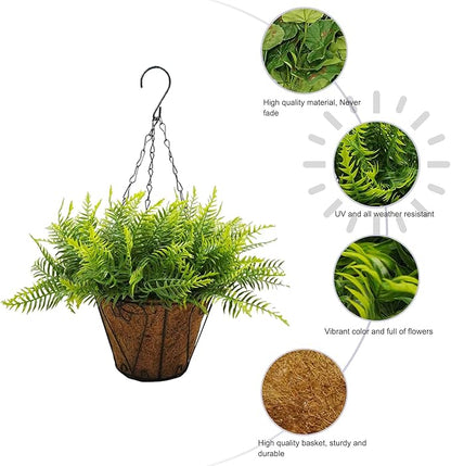 Hanging Planters with Plant Hangers for Indoor Outdoor Decor 2 Pack Artificial Green Fern 25CM Straight Coconut Fiber Hanging Baskets with Durable Iron
