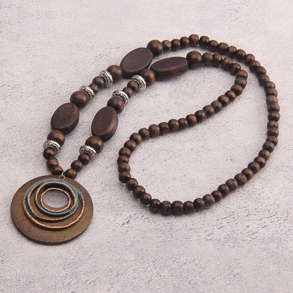 Leather Necklace for Women Boho Choker Necklace Long Cord Leather Pendant Bohemian Neckalce Vintage Alloy Pendant Leather Rope Necklace Wooden Necklaces for Women