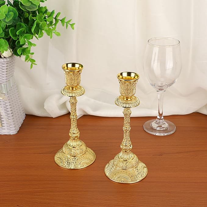 OwnMy Set of 2 Taper Candle Holders Vintage Metal Pillar Candlestick Holders 7.4”, Elegant Brass Candle Stick Holders Decor Candelabra Set for Dining Table Centerpieces Wedding Home Decoration, Gold