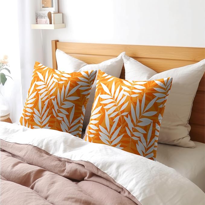 Fall Leaf Pillow Covers 24x24 Set of 2 Orange White Seasonal Autumn Leaves Rustic Decorative Square Throw Pillows Outdoor Pillowcase Farmhouse Linen Cushion Case Decor for Home Sofa Couch Bed