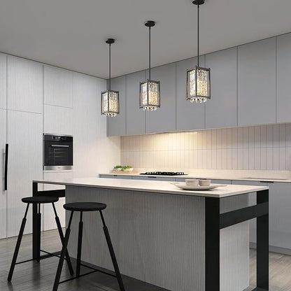 LMQNINE Modern Black Pendant Light Fixtures for Kitchen Island, Crystal Chandelier Lights Fixture, Adjustable Farmhouse Pendant Lighting for Dining Room Bedroom (Square 1-Light)