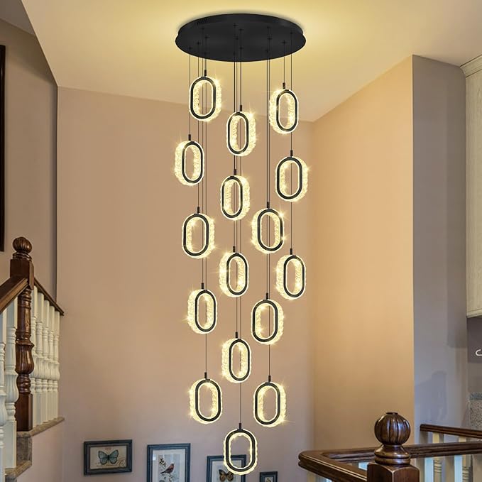 Modern Large Ring Chandelier for High Ceiling Black Stair Chandeliers for Foyer LED Crystal Ring Drop Chandelier Dimmable 2700K-6000K 16-Light