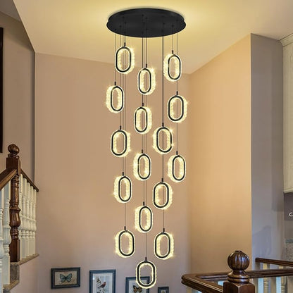Modern Large Ring Chandelier for High Ceiling Black Stair Chandeliers for Foyer LED Crystal Ring Drop Chandelier Dimmable 2700K-6000K 16-Light