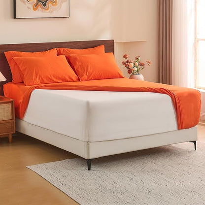 MEISHANG 100% French Pure Linen Sheets California King Size - Extra Deep Pocket Sheet Set, Soft Durable Flax Linen, Anti-Tear Breathable & Oeko-Tex Certified 18-24 Deep Pocket,All Season(Orange)