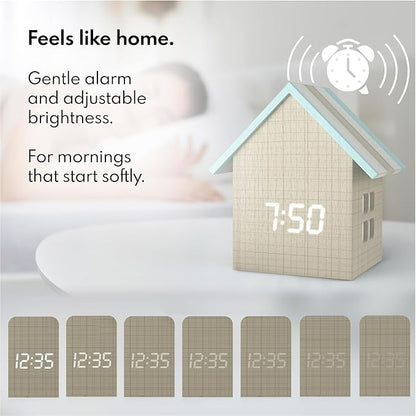 Driini Digital House Shaped Alarm Clock with Temperature Display (Stripe Wood) – Modern Aesthetic - Cute Cube Frame and White LED Dimmer - Perfect Large Desk Clock for Bedside Table or Bedroom Mantle