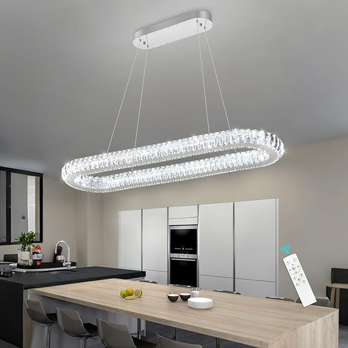 LED Ring Chandelier Oval Rings Pendant Lights for Dining Table Kitchen Island Remote Dimmable Hanging Light Chandeliers for Entryway Living Room Crystal Lighting Silver