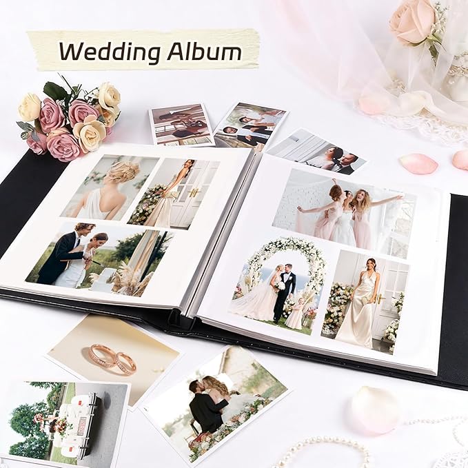 RECUTMS Scrapbook Photo Album 11x11 Black Button Grain Leather Cover DIY 4x6 5x7 8x10 Photos of Any Size