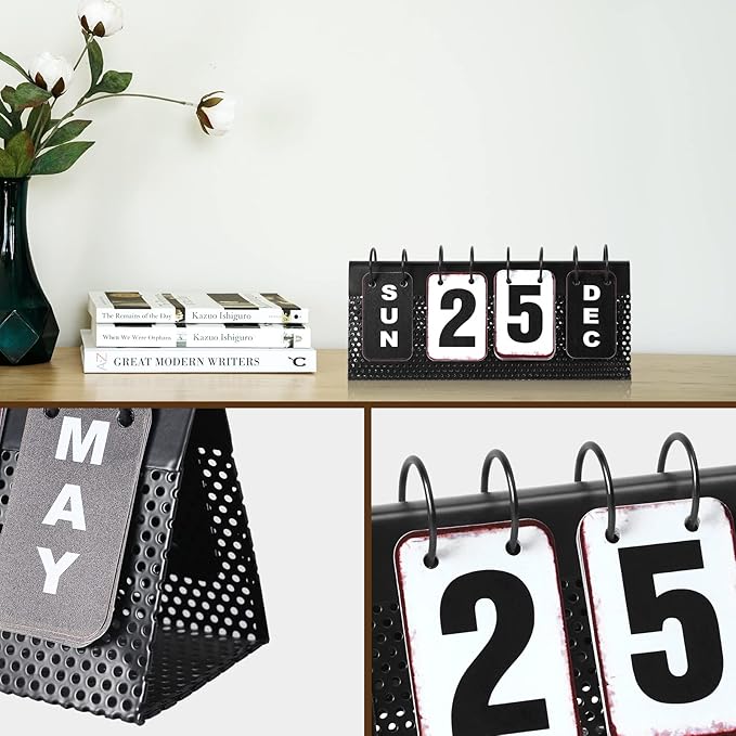 Metal Desk Calendar Standing Flip, Desktop Perpetual Flip Calendar with Large Display, Farmhouse Vintage Daily Flip Calendar for Home Office Decor, Reusable Yearly