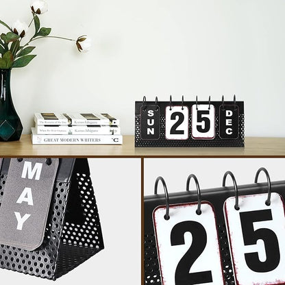 Metal Desk Calendar Standing Flip, Desktop Perpetual Flip Calendar with Large Display, Farmhouse Vintage Daily Flip Calendar for Home Office Decor, Reusable Yearly