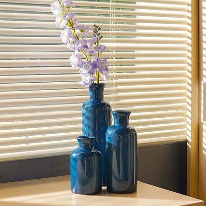 Ceramic Vase Set Home Decor - 3Pcs Modern Rustic Boho Geometric Blue Flowers Vase Decoration, Shelf Decor, Farmhouse Living Room Decoration, Decorative Gift Cynkeyee